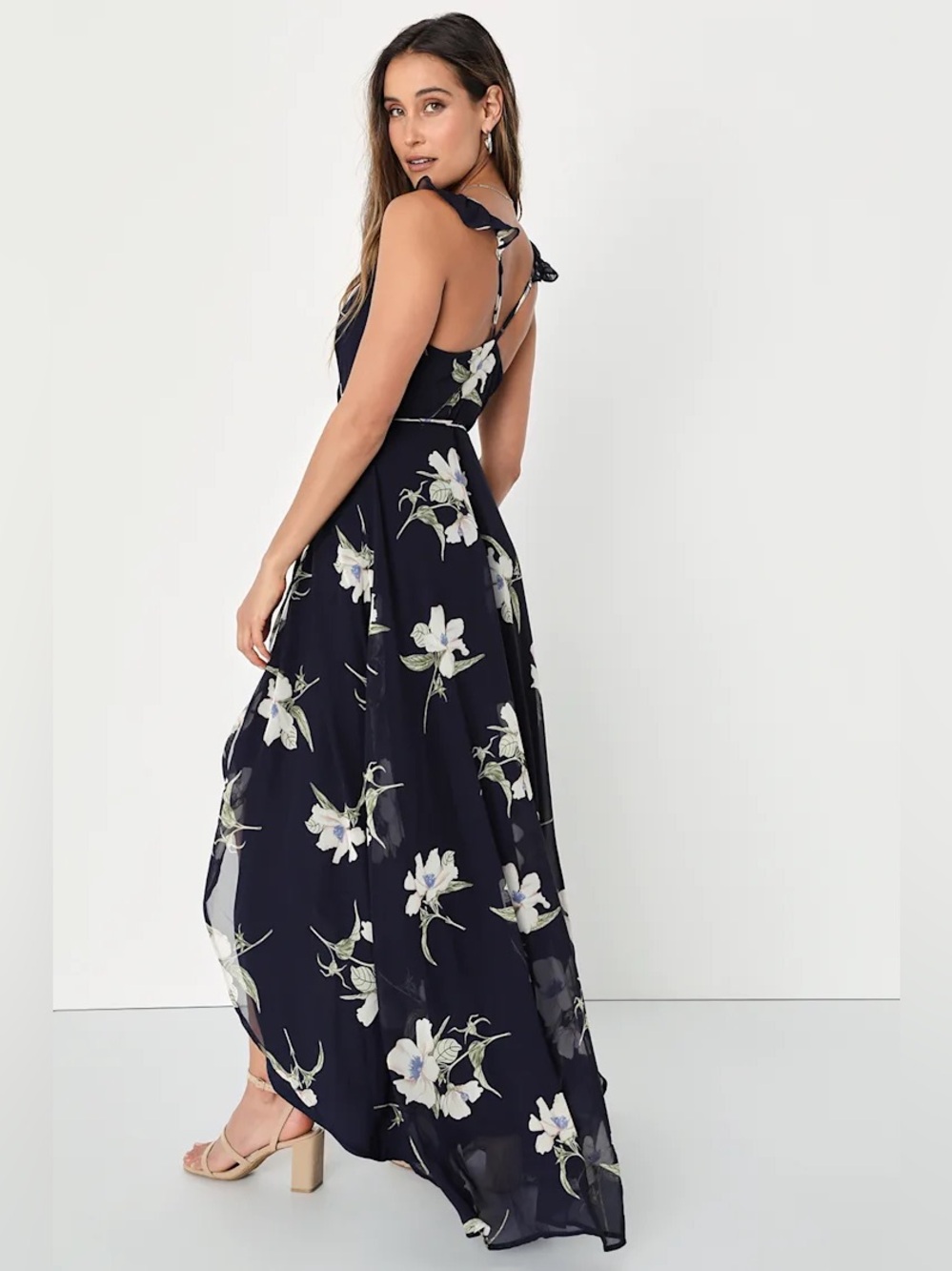 Lulu's All Mine Navy Blue Floral Print High-Low Wrap Dress, size XL